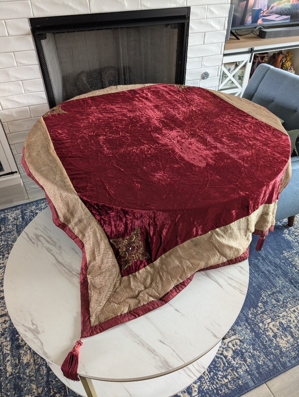 Vintage Maroon Victorian Style Velvet Beaded Table Cloth Tassel Size 60"X50"